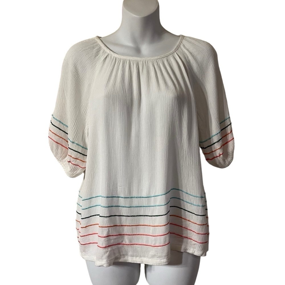 Bobeau Gauzy Puff-Sleeve Top with colorful embroidery size XS
